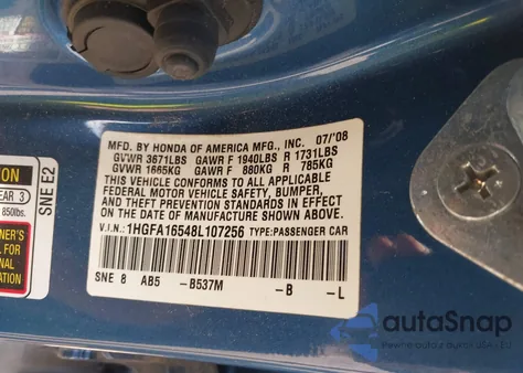 2008 Honda Civic Lx z USA, uszkodzony, nr VIN 1HGFA16548L107256